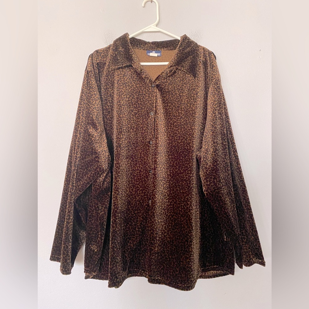 Vintage Solutions Casual Wear Brown Velour Leopard Print Women's 3X Button Up